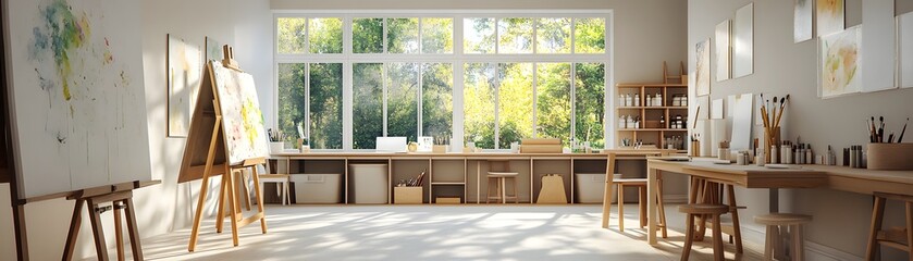 A bright, inviting art studio filled with natural light. Featuring easels, various painting tools, and a creative atmosphere. Perfect for artists and creative minds.