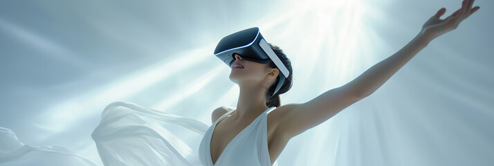 Joyful Woman Experiencing Virtual Reality Immersive Technology in Ethereal White Environment