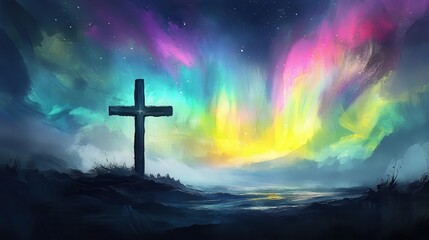 Fototapeta premium Surreal cosmic landscape with a cross on a hill, glowing under a swirling aurora and a starry night sky