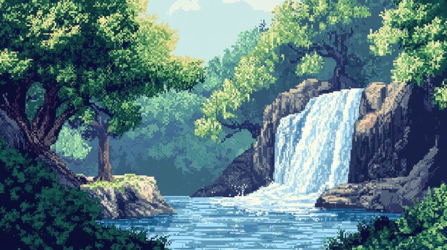 A nature-inspired pixel design with gentle curves and natural color gradients, evoking the look of flowing water or gentle leaves