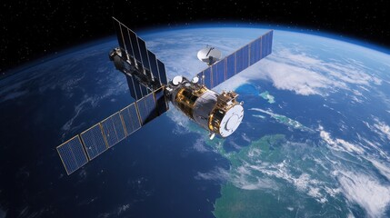 Obraz premium White satellite in space observing lush green Earth.