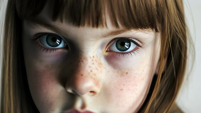 Close-up of a girl with striking blue eyes and freckles in soft natural light showcasing her unique beauty and character