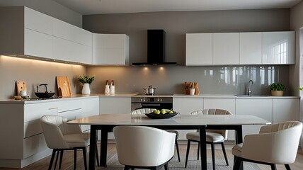 Modern new light interior of kitchen with white furniture and dining table.