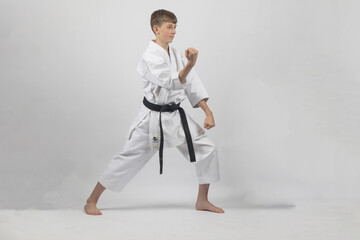 Fifteen year old male teenage karate black belt in long stance doing a double block, studio shot...