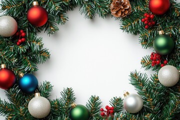 A festive wreath made from Christmas ornaments on a white background, perfect for holiday decorations or editorial use