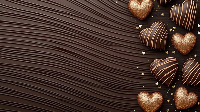 Chocolates romantic gestures. A tempting arrangement of heart-shaped chocolates on a smooth, dark chocolate background, perfect for celebrations or gifts.