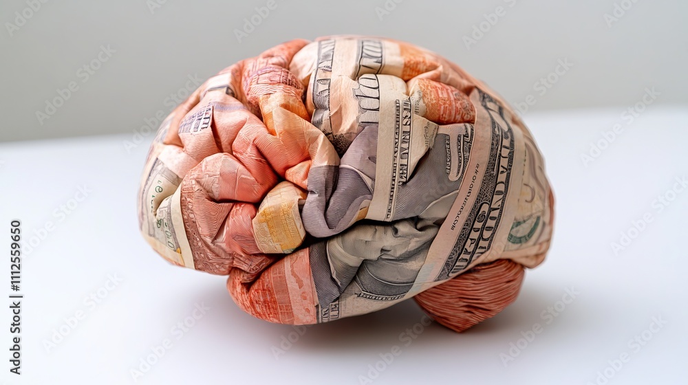 Poster a creative representation of a brain crafted from textured currency, symbolizing the connection betw