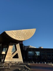 Modern buildings and landmarks around Salford Quays home of Media City UK. Manchester England. 