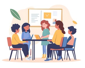 A diverse group of individuals collaborate in a modern office setting, using laptops and discussing ideas around a table