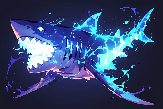 A vibrant, stylized shark emerging from splashes of blue and purple, showcasing artistic flair.