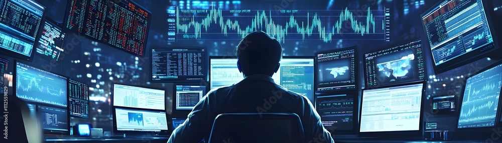 Poster a focused individual analyzes complex data on multiple screens in a modern workspace. the digital en