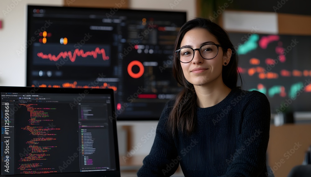 Poster a focused woman in glasses works on a laptop, surrounded by multiple screens displaying data analyti