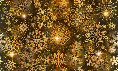 Vector seamless hand drawn dark golden winter pattern with vintage shine snowflakes and stars in retro style