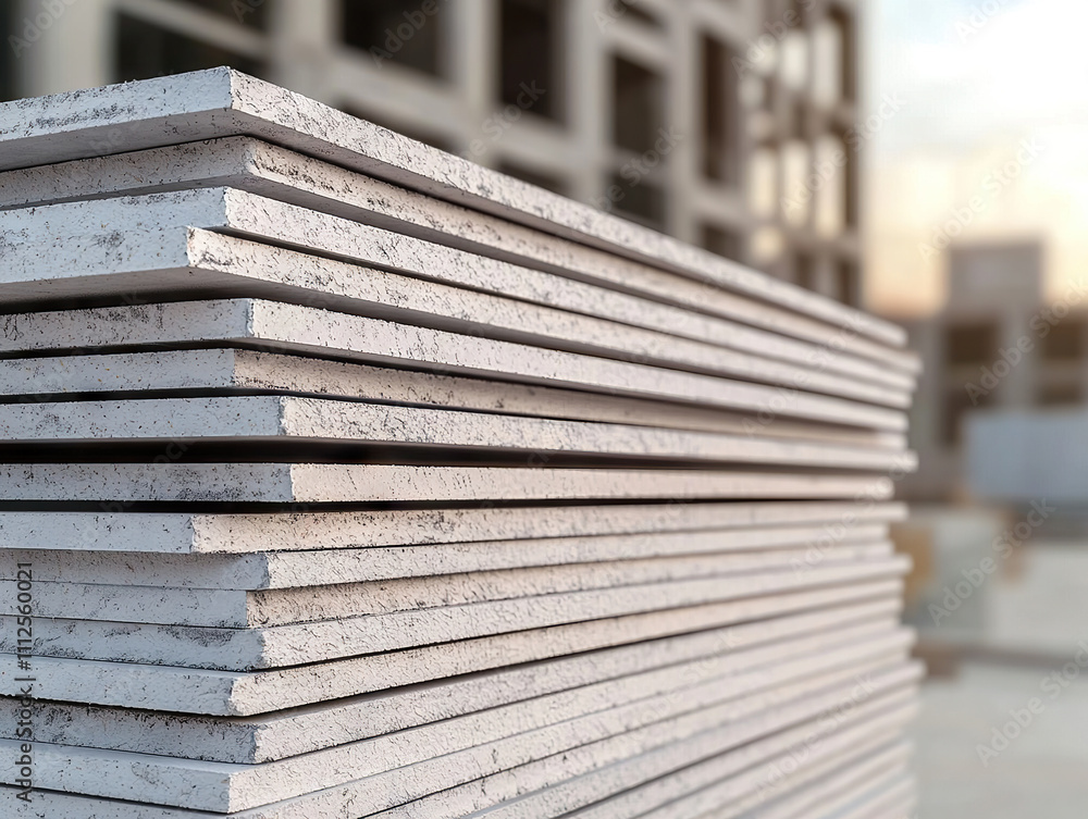 Poster stacked drywall sheets at construction site, showcasing their texture and structure. image captures 