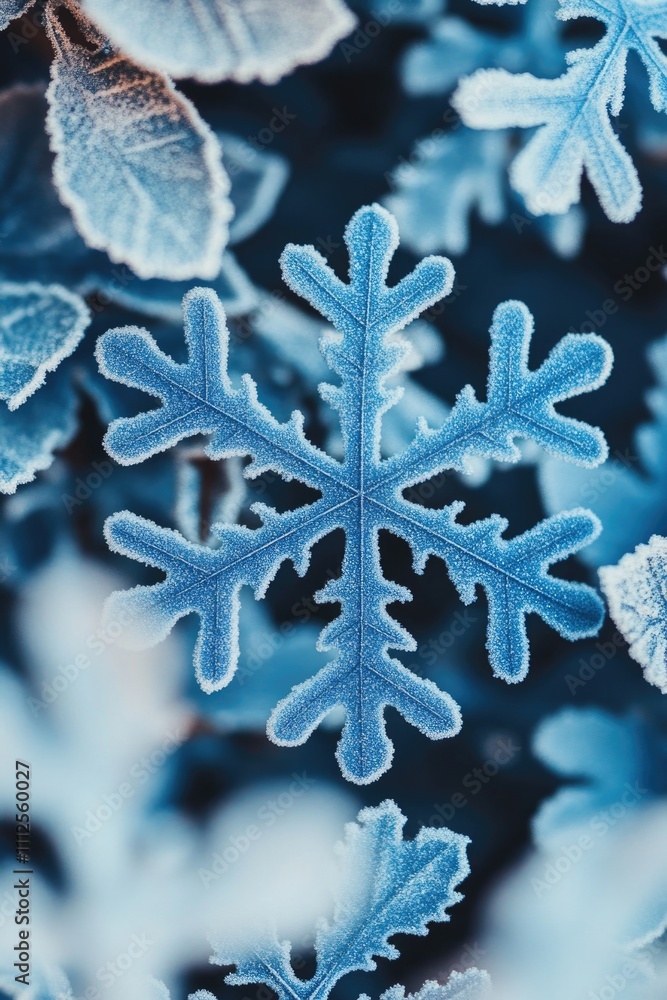 Poster a close-up shot of a single snowflake sitting on a plant, showcasing its intricate details and uniqu