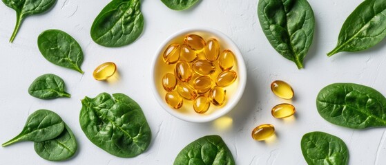 Zeaxanthin extract in soft gel form, bright yellow, surrounded by spinach leaves, antioxidant-rich, promoting eye health, natural source