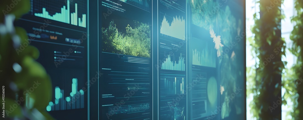 Poster a modern digital interface displaying vibrant data visualizations and graphs, surrounded by lush gre