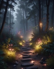 Fototapeta premium Hazy forest landscape at night with colorful glowing crystals and path illuminated by fireflies, night, hazy