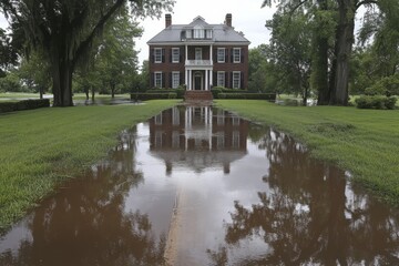 Flooded Antebellum Mansion Grounds, Reflection in Still Water
