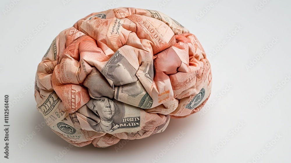 Poster a unique representation of a brain constructed from crumpled banknotes, symbolizing the intricate re