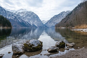 A serene mountain lake scene with surrounding snow-covered peaks