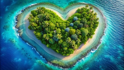 Heart-shaped tropical island with vibrant blues and greens, paradise romance.