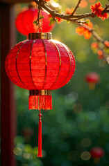Obraz premium red chinese lanterns on green background