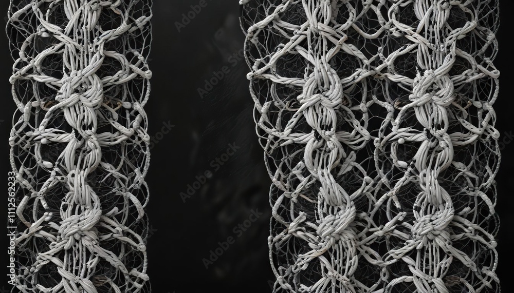 Poster intricate knotting patterns on a black background with contrasting white threads, knotting patterns,