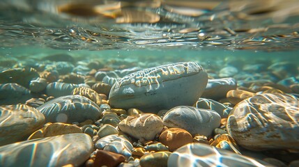 An ultra-close view of pebbles under clear lake water, showing the light reflections and the details of each stone.