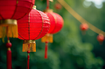 red chinese lanterns on green background