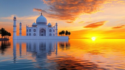 Obraz premium A photostock of the iconic Taj Mahal reflecting in the calm waters under a golden sunrise, capturing the essence of architectural beauty. High Quality