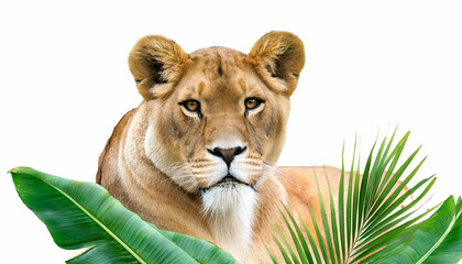 Obraz premium Lioness, tropical leaves watercolor painting isolated white background