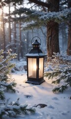 Lantern in the frosty woods with snow-covered ground and softly lit pine branches, frosty trees, snow-covered ground