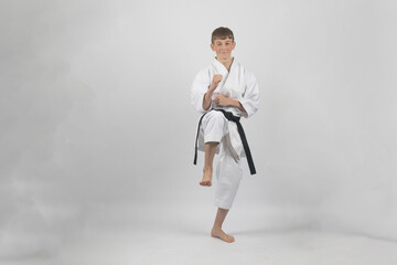 Fifteen year old male teenage karate black belt doing a front kick, studio shot against a white...