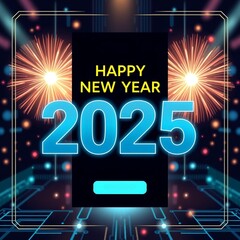 Happy New Year 2025 greeting card design template. Happy New Year 2025 sale banner with technological concept.