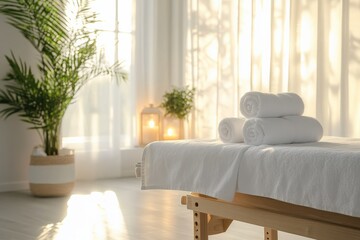 Minimalistic spa room with soft lighting, white towels, and a massage table.