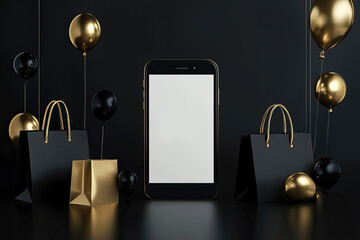 a festive black and gold mobile phone mockup for a promotion, shopping bags and balloons