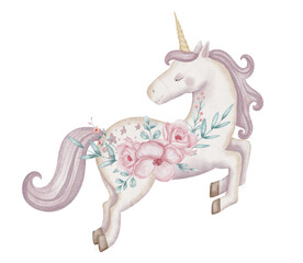 Unicorn with flowers watercolor illustration. Drawing of cute Horse with horn for Baby shower greeting cards or girls birthday invitation. Floral Pony for childish nursery. Fantasy creature for kid. © Alisles