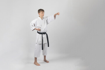 Fifteen year old male teenage karate black belt punching head height, studio shot against a white background