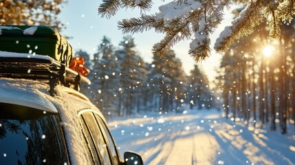 Winter drive through snowy forest during golden hour