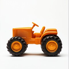 Obraz premium A vibrant orange toy tractor featuring large black wheels, perfect for children's playtime and imaginative farm scenes.