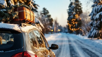 Snowy car trip with luggage and Christmas lights