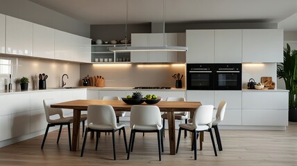 Modern new light interior of kitchen with white furniture and dining table.