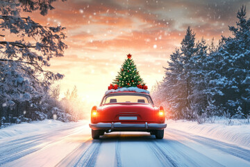 Red car carries Christmas tree on snowy road sunrise
