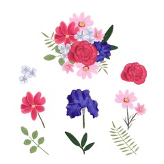 bouquet of flowers, hand painted set of wild flowers and leaves illustration on white background