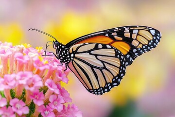 Fototapeta premium A close-up shot of a butterfly resting on a colorful flower
