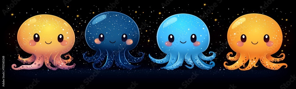 Canvas Prints A group of octopus characters, isolated on a background. The cartoon illustration showcases yellow, purple, green, and orange underwater creatures with many tentacles and large eyes.