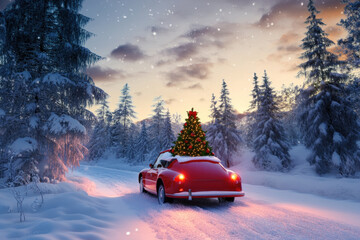 Classic car carrying decorated Christmas tree at dusk