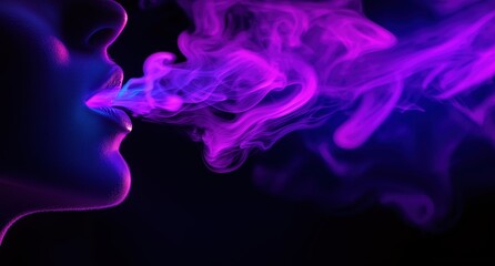 Obraz premium girl exhales steam from her mouth in neon light