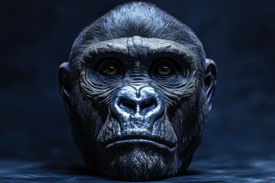 A close-up shot of a gorilla's face on a table, suitable for use in animal-themed designs or as a unique illustration